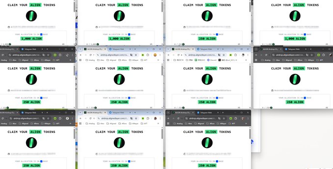 The image shows a grid of multiple screenshots from a Telegram Web browser window displaying a claim page for ALTCOIN tokens, indicating a validation error of "3,000 ALTCOIN," "250 ALTCOIN," and "356 ALTCOIN" on the airdrop page, which appears to relate to the user's post admitting a mistake ("爸爸我错了" / "Dad, I was wrong") to @alignedlayer about participating in a fake or failed AlignedLayer airdrop claim.