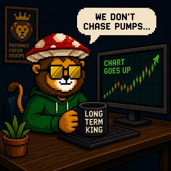 A pixel art illustration features a bear character wearing a mushroom cap, sunglasses, and a green hoodie, holding a 'LONG TERM KING' mug next to a monitor showing 'CHART GOES UP', with a speech bubble stating 'WE DON'T CHASE PUMPS...' and a poster reading 'PATIENCE FOCUS DISCIPLINE' behind him.