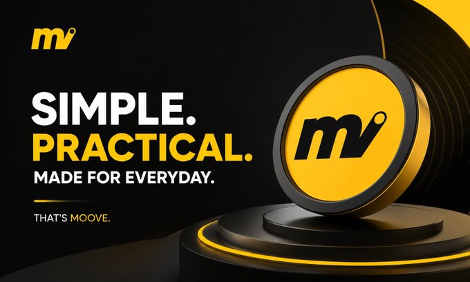 A sleek black and yellow promotional graphic for Moove featuring a 3D coin with the "m" logo on a circular platform, paired with the tagline "SIMPLE. PRACTICAL. MADE FOR EVERYDAY. THAT'S MOOVE." The visual reinforces the post's message by embodying the clean, no-frills, practical design philosophy Moove emphasizes—stripping away Web3 complexity in favor of everyday usability.