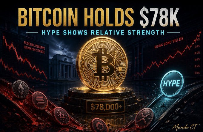 A dramatic financial graphic titled "BITCOIN HOLDS $78K" with the subtitle "HYPE SHOWS RELATIVE STRENGTH," featuring a glowing Bitcoin coin displayed above a "$78,000+" price tag, flanked by a downtrending altcoin chart on the left and a rising "HYPE" token chart on the right amid references to a "FEDERAL RESERVE HAWKISH STANCE" and "RISING BOND YIELDS." The image visually reinforces the post's message of Bitcoin's resilience above $78,000 against a challenging macro backdrop of hawkish Fed policy, climbing bond yields, and weakening altcoins, highlighting HYPE's relative outperformance.