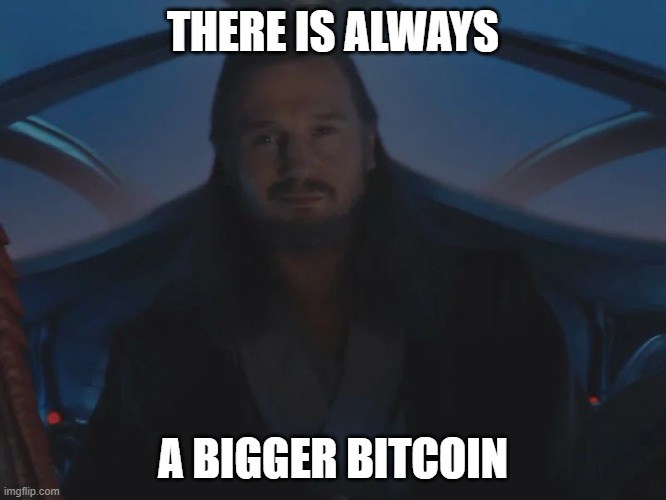 Keanu Reeves appears inside a vehicle beneath the text “THERE IS ALWAYS” and “A BIGGER BITCOIN.” The image humorously illustrates the post’s claim that a “Big Bitcoin®” implies an endless chain of larger and largest bitcoins.