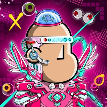 A digital illustration of a stylized character with a large nose wearing a futuristic helmet and pink robotic armor, surrounded by cartoonish eyeballs on a pink background.