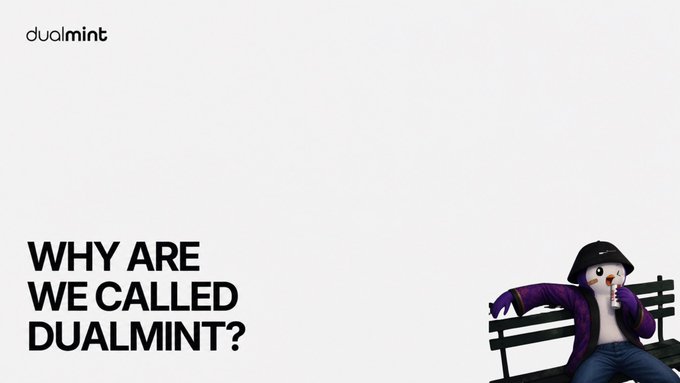 Minimalist website header for 'dualmint' with the question 'WHY ARE WE CALLED DUALMINT?' next to an illustration of a snowman wearing a purple jacket sitting on a bench.