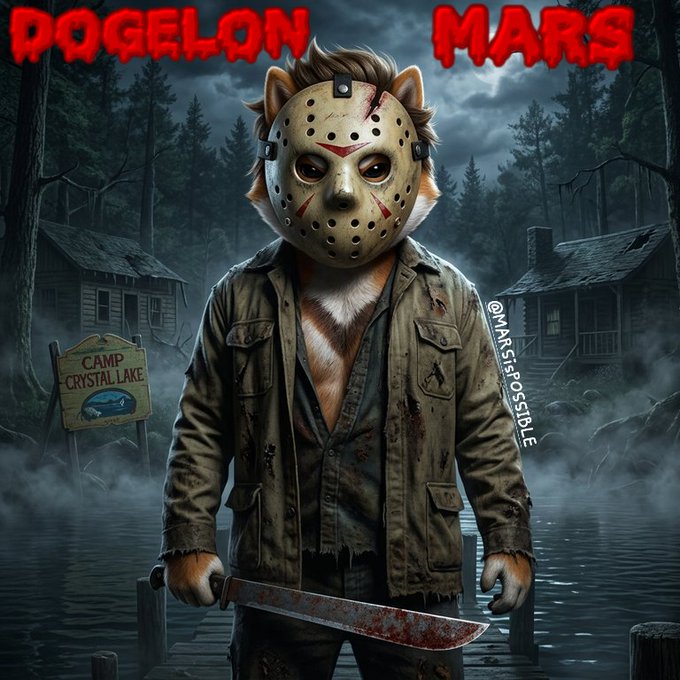 A horror-themed digital artwork titled "DOGELON MARS" shows a dog wearing a hockey mask and holding a machete in front of "Camp Crystal Lake," watermarked "@MARSISPOSSIBLE."