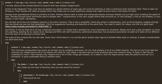 A screenshot of a Reddit thread discussing the possibility that AI-created aliens may be watching humans, with comments referencing the YouTube link 'https://www.youtube.com/watch?v=PgEmVU8Y_rI', and another comment thread below about the burden of filling in gaps with religious or simulated explanations for the unknown.