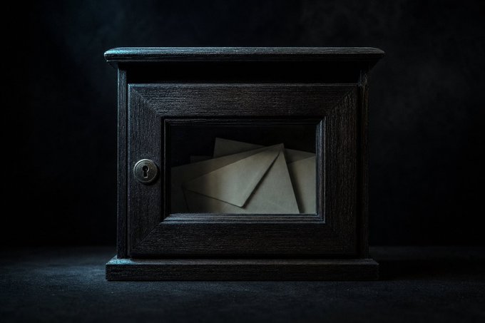 A dark, moody image of a black wooden mailbox containing envelopes, dramatically spotlighted on a reflective surface.