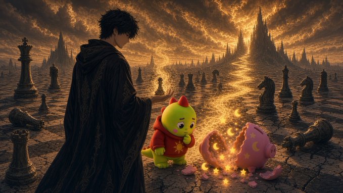A hooded figure conjures a glowing path of light across a surreal chessboard landscape while a small yellow dragon-like creature named "sleepagotchi" watches beside a cracked pink piggy bank spilling coins, symbolizing delayed token generation. The imagery metaphorically illustrates the post's theme of a crypto project pausing its TGE for legal reasons, with the chess pieces and empty piggy bank hinting at strategic waiting and untapped value yet to be released.