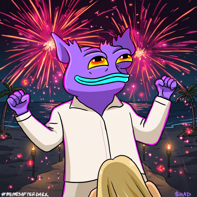 Digital artwork featuring a purple cartoon creature in a white shirt flexing its arms against a backdrop of fireworks over a tropical beach, with the hashtags '#MEMESAFTERDARK' and '$MAD' visible in the corners.