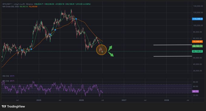 A TradingView weekly chart for BTCUSDT showing a price of 68,624.71 with indicators, highlighting a recent bearish candle near 60,000 with arrows suggesting a potential bounce.