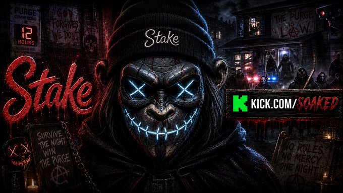 A menacing masked figure in a beanie labeled "Stake" stands against a dark, horror-themed backdrop featuring "THE PURGE BEGINS COMMENCING 12 HOURS," "GOD FORGIVES WE DON'T," and "NO RULES NO MERCY ONE NIGHT" signage, with a "KICK.COM/SOAKED" banner promoting a live stream event offering a $10,000 bonus hunt and $75 giveaway for Stake users.