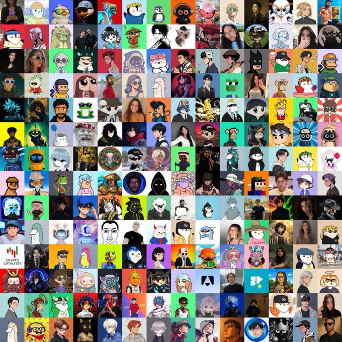 A dense grid mosaic of numerous small profile pictures and cartoon avatars in various bright colors.