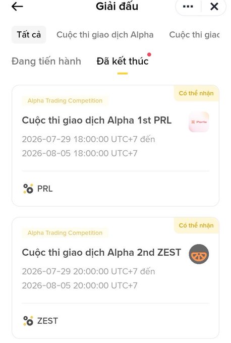 A Vietnamese app interface showing 'Giải đấu' (Tournaments) with finished competitions including 'Cuộc thi giao dịch Alpha 1st PRL' (2026-07-29 to 2026-08-05) and 'Cuộc thi giao dịch Alpha 2nd ZEST' (2026-07-29 to 2026-08-05).