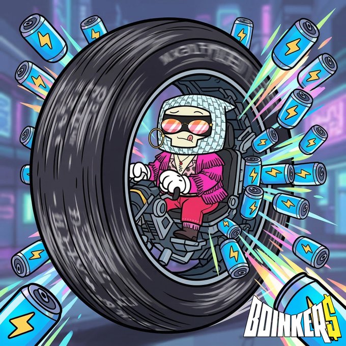 A character with pink sunglasses drives a tire-shaped vehicle labeled "NICO'S WHEEL" through a barrage of battery-shaped obstacles, with the "BOINKERS" logo visible in the corner—matching the game's "Nico's Wheel" mini-game promo announcing a prize drop at the wheel's landing zone.