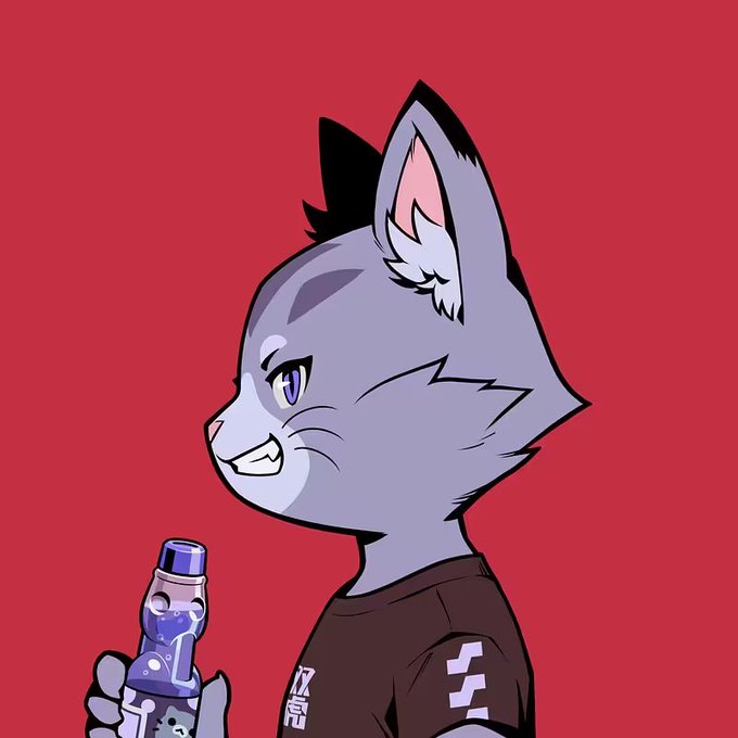 A cartoon gray cat with a smug grin holds a blue spray can labeled "IKZ" against a red background, tying into the post's playful promotion of free Azuki elementals while celebrating "caturday."