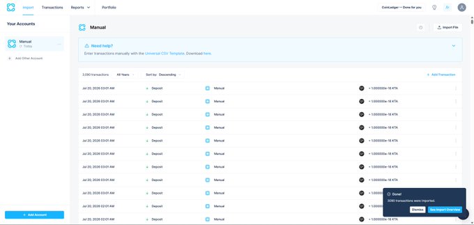 A screenshot of the Koinly tax software interface shows a "Manual" account page with a list of transactions, primarily "Deposit" entries of 0.100000e+ KTA dated Jun 20, 2026, alongside a green confirmation notification stating "Done! 1280 transactions imported." The image illustrates the user's successful use of Koinly to import KTA transactions from the Keeta network via a Universal CSV Template, addressing the challenge of tracking crypto for tax purposes.