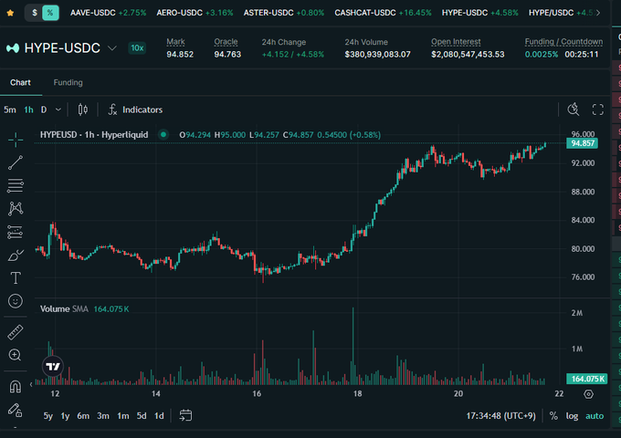 A cryptocurrency trading chart showing the HYPE-USDC pair on Hyperliquid, with a current price of 94.852, +4.58% change, and 24h volume of $380,939,083.07.