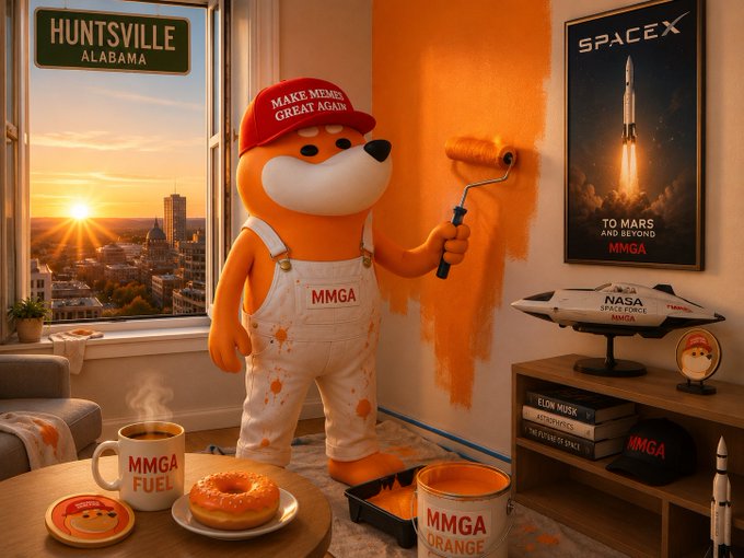 An orange fox mascot wearing a "Make Memes Great Again" cap and "MMGA" overalls paints an orange wall in a room adorned with Huntsville, Alabama signage, a SpaceX "To Mars and Beyond" poster, and a NASA rocket model, with an "MMGA Fuel" coffee mug and donuts nearby—visually merging Huntsville's "Rocket City" identity with the MMGA meme brand as suggested by the caption.