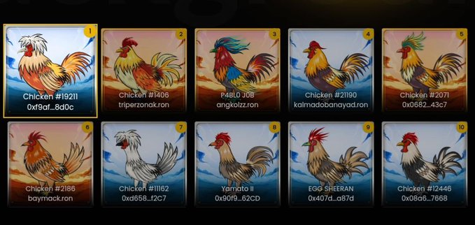 A grid of ten digital collectible chickens with names and numbers, including 'PABLO JOB', 'EGG SHEERAN', and others, displayed as NFTs.