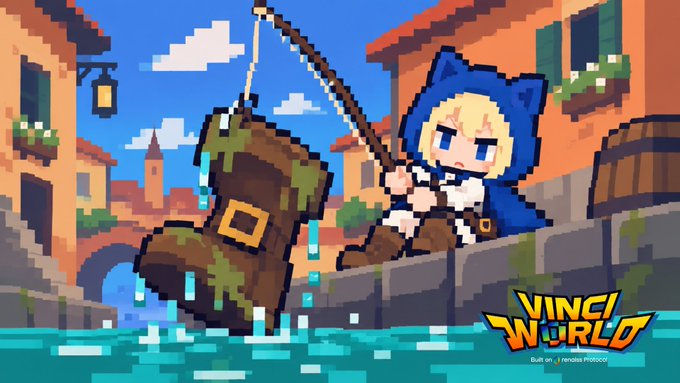 Pixel art game promotional image for 'VINCI WORLD' showing a blue-hooded character fishing a treasure chest out of water in a Mediterranean-style village setting.