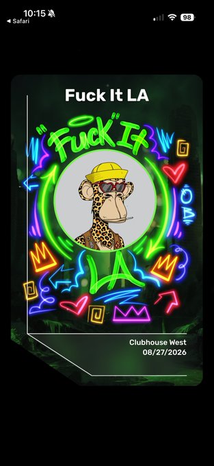 A neon-style event poster reading 'Fuck It LA' featuring a giraffe wearing sunglasses and a yellow cap, with text indicating 'Clubhouse West 08/27/2026'.