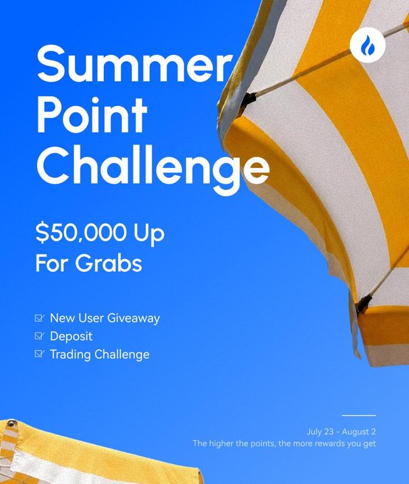 A promotional graphic featuring a yellow and white striped beach umbrella against a blue sky, advertising HTX's "Summer Point Challenge" with "$50,000 Up For Grabs" through a New User Giveaway, Deposit, and Trading Challenge running July 23 - August 2.