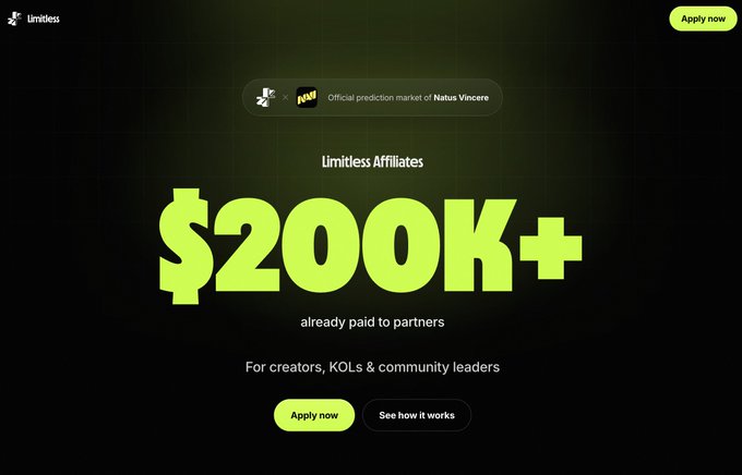 A Limitless Affiliates webpage highlighting '$200K+ already paid to partners' for creators, KOLs & community leaders, marked as the official prediction market of Natus Vincere.