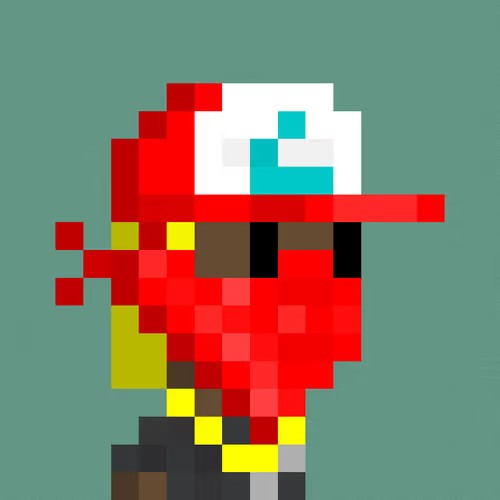A pixel art illustration of a character wearing a red baseball cap with a teal 'T' logo on a teal background.