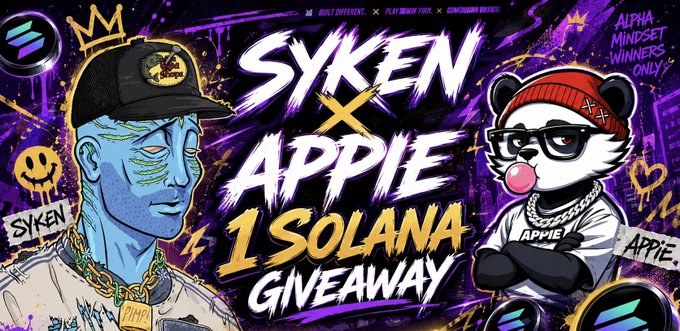 A graffiti-style promotional banner for a 'Syken x Appie 1 Solana Giveaway' featuring stylized characters, including a blue-skinned figure and a panda with bubble gum, alongside Solana logos.