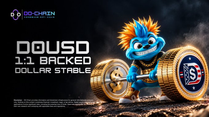 A promotional banner for "DOUSD" by DO-CHAIN, describing it as a "1:1 BACKED DOLLAR STABLE," featuring a blue spiky-haired character with a barbell made of gold coins.