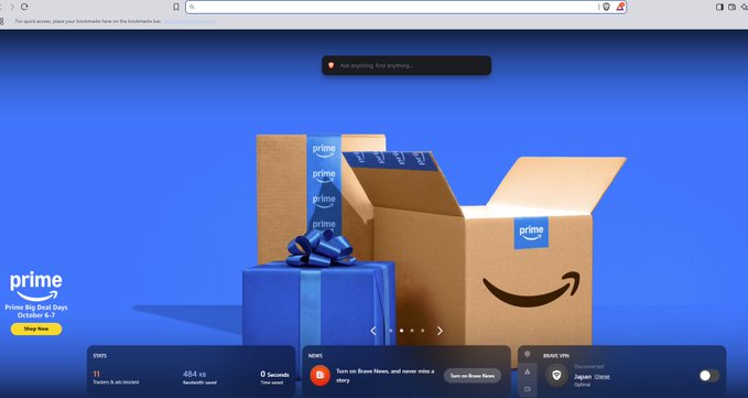 The Bing search engine homepage featuring a Prime Big Deal Days promotional banner with Amazon boxes and a yellow 'Shop Now' button, dated October 8-2.