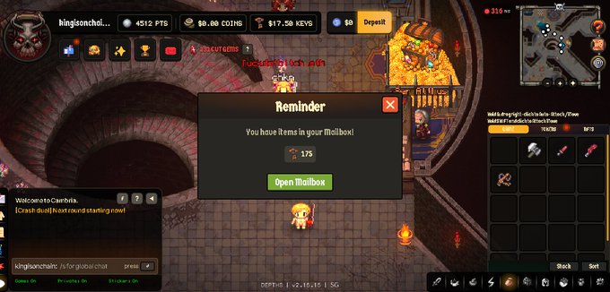 A screenshot from the RuneScape game showing a player character with a 'Reminder' pop-up stating 'You have items in your Mailbox!' with a green 'Open Mailbox' button.