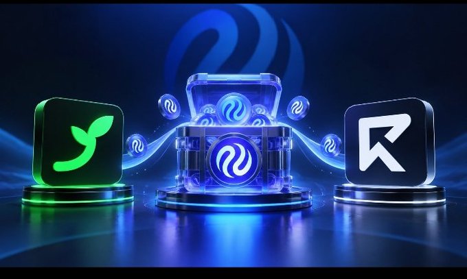 A digital graphic showing three 3D app icons on pedestals - a green sprout icon, a blue treasure chest with currency symbols (likely Injective/INJ), and a white arrow icon - representing cryptocurrency platforms.