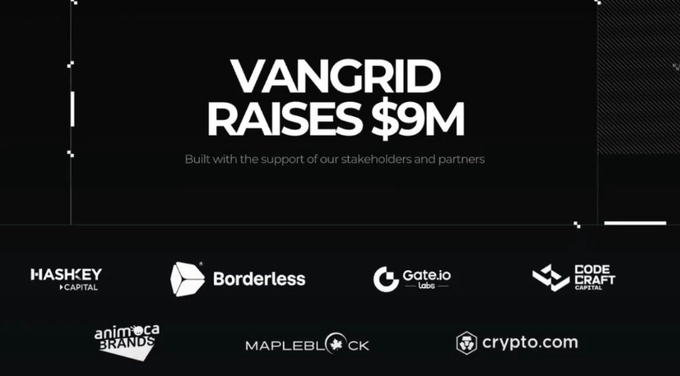An announcement graphic stating 'VANGRID RAISES $9M' with 'Built with the support of our stakeholders and partners' above logos for HashKey Capital, Borderless, Gate.io Labs, Code Craft, Animoca Brands, Mapleblock, and Crypto.com.