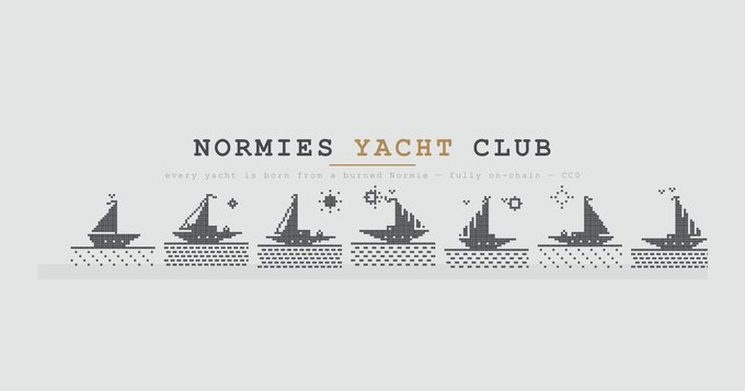 A logo for 'NORMIES YACHT CLUB' with the tagline 'every yacht is born from a burned Normie - fully on-chain - CC0,' above a row of pixel-art sailboats.