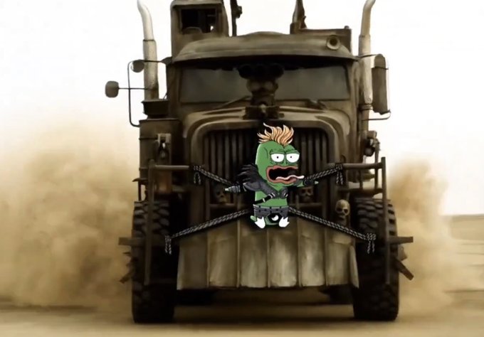 The image features a cartoon character with spiky hair sitting inside an old truck that has a large exhaust pipe. The character appears to be strapped into the back of the truck, as if they are being transported or strapped into the vehicle for some reason. The scene is set in a desert environment, which adds to the overall atmosphere and context of the image.

The post includes text that reads: "ask the things you have money in if they are doing what zcash did and if they aren't, fucking RUN". This message seems to be related to the cartoon character's situation within the truck, possibly suggesting a humorous or unexpected twist to their story.