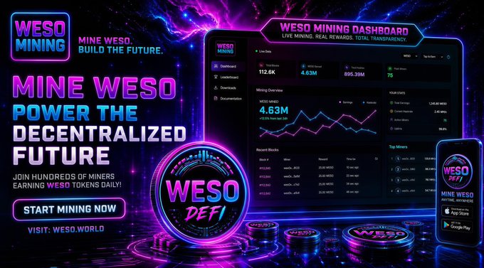 WESO Mining promotional advertisement stating 'MINE WESO, POWER THE DECENTRALIZED FUTURE' with a mining dashboard preview, offering daily WESO tokens, directing to weso.world.