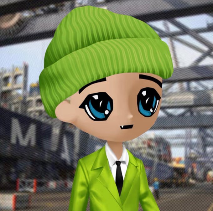 A 3D cartoon-style avatar with a green beanie and matching green suit with a black tie stands in an industrial-looking environment.