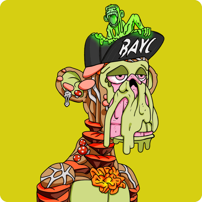A melting, zombie-like ape with a smaller screaming ape perched on its "BAYC" hat against a yellow background, visually echoing the post's declaration of unwavering loyalty to a Bored Ape Yacht Club NFT regardless of its ETH value.