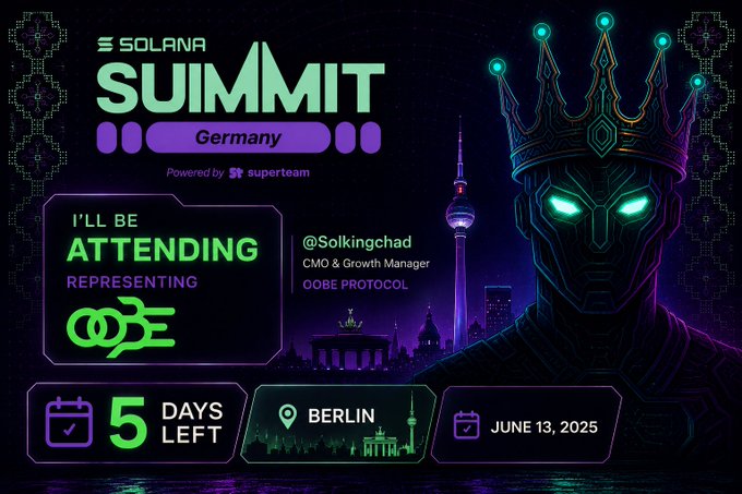 The image features a poster for the Solkings Summit, which is an event taking place in Germany. The poster includes a cartoon depiction of a man wearing a crown with green lights shining around him, symbolizing his royal status. The text on the poster announces that the summit will be held in Berlin and invites attendees to join the event by sharing their experiences on social media using the hashtag #solkingsummit.