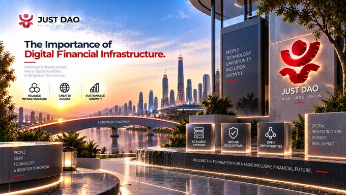 Just DAO promotional banner about 'The Importance of Digital Financial Infrastructure,' emphasizing reliable infrastructure, greater access, and sustainable growth, featuring a futuristic city skyline with pillars representing scalable systems, secure ecosystems, and open opportunities.