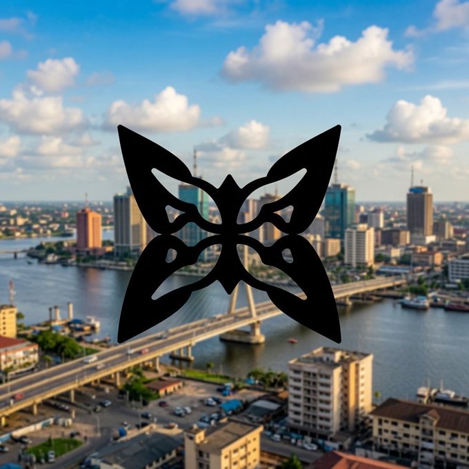 A black butterfly-shaped logo or graphic overlaid on an aerial view of a city skyline featuring a bridge over a river and modern high-rise buildings.