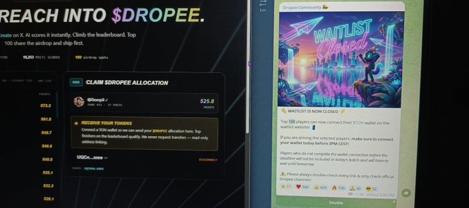 The image features two computer screens side by side, both displaying the same content. On one screen, there's a description of a game called Waitlist Camping that allows users to connect their smartphones via their wallet and waitlist sites to complete gameplay tasks. The other screen displays a message from someone named "$DROPEE". The images on these screens are related to each other as they both feature gaming elements or scenarios, such as characters in the game.