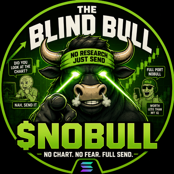The image is a meme-style logo for "The Blind Bull" featuring a fierce bull with glowing green laser eyes wearing a headband that reads "NO RESEARCH JUST SEND," surrounded by trading chart graphics and characters saying things like "DID YOU LOOK AT THE CHART?" "NAH, SEND IT" and "FULL PORT NOBULL," with "$NOBULL" and the tagline "NO CHART. NO FEAR. FULL SEND." prominently displayed—promoting a no-research crypto airdrop campaign tied to the accompanying post's instructions for claiming $NOBULL tokens.