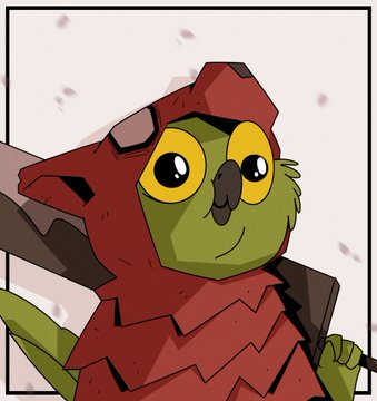A cartoon illustration of a green frog-like character wearing a red hood and red armor, with large yellow eyes, smiling against a light background with pink petals.