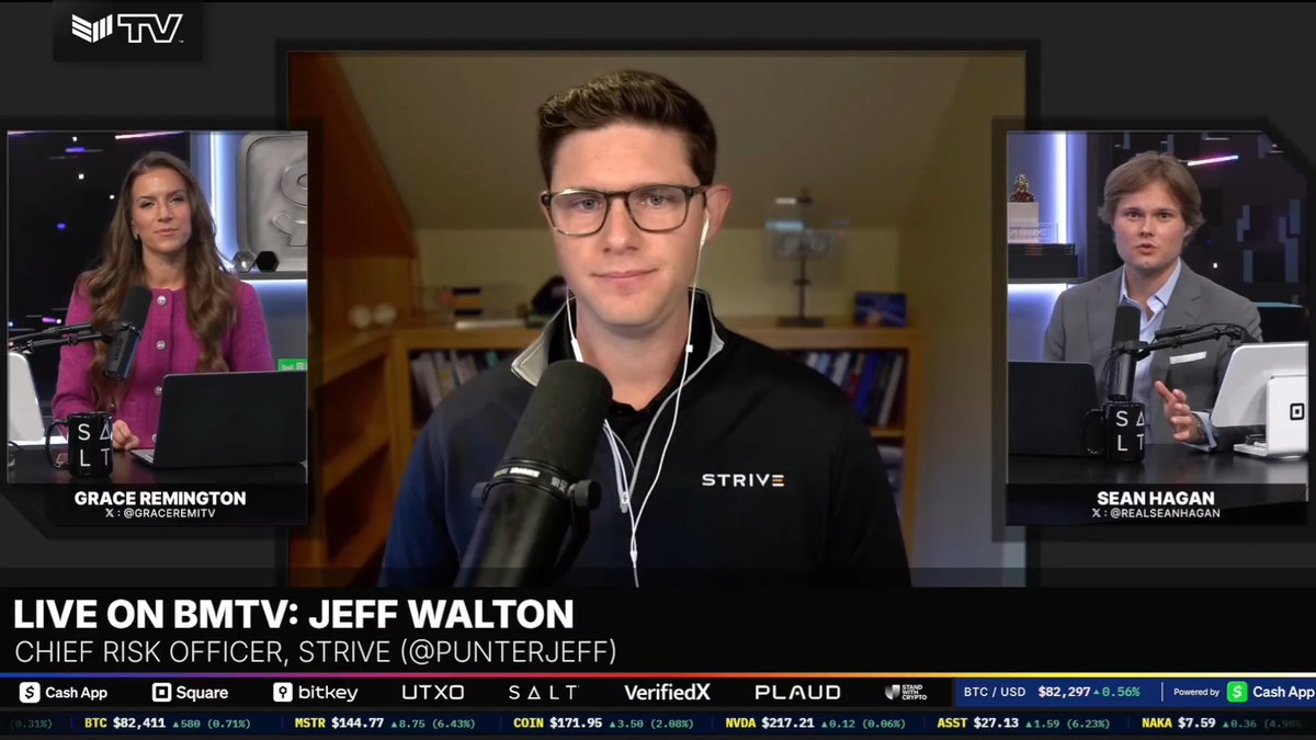 A three-person live interview layout shows Grace Remington, Jeff Walton, and Sean Hagan discussing Strive on BMTV, with the lower-third text “LIVE ON BMTV: JEFF WALTON” and “CHIEF RISK OFFICER, STRIVE (@PUNTERJEFF).” The broadcast graphic references Strive and “SALT,” while the post’s claim about Strive’s “SATS” IPO and $630 million Bitcoin-focused raise is not directly visible in the image.