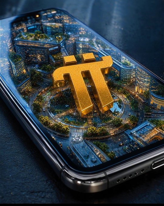 A 3D rendered scene showing a smartphone displaying a miniature cityscape with a large golden Pi (π) cryptocurrency symbol in the center.
