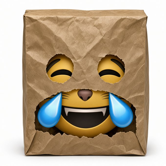 A 3D-rendered emoji with a wide, toothy grin and sweat drops tears of joy on its face, bursting through the front of a crumpled brown paper bag.