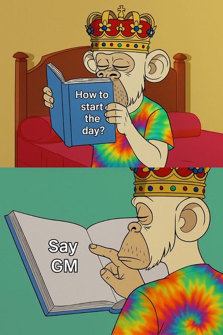 A cartoon monkey wearing a crown and tie-dye shirt reading a book titled 'How to start the day?' which then answers 'Say GM'.