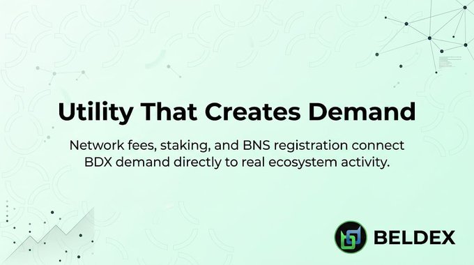 A slide with a mint green background and network node graphics titled "Utility That Creates Demand," explaining that network fees, staking, and BNS registration connect BDX demand to ecosystem activity for Beldex.