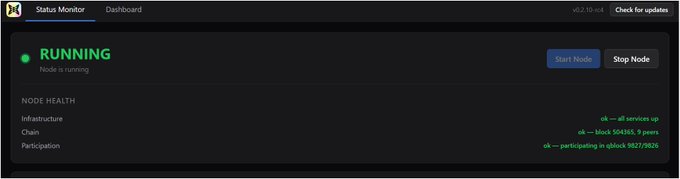 A 'Status Monitor' dashboard interface for a node shows a green 'RUNNING' status, with 'Node Health' details indicating infrastructure services are up, the Chain is at 504,265 blocks with 9 peers, and participation is active in block 9827/9826.